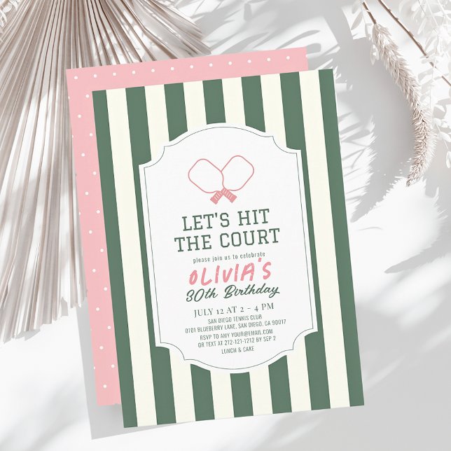 Pickleball Pink & Green Stripes Adult Birthday Invitation (Creator Uploaded)
