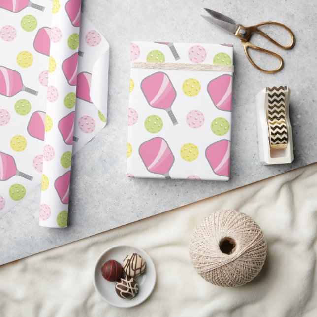 Pickleball Pink Green & Yellow Paddle & Balls Wrapping Paper (Crafts)