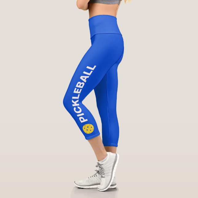 Pickleball Player Custom High Waisted Royal Blue Capri Leggings (Left)
