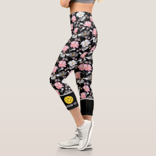 Pickleball Player Floral Pattern Add Custom Text Capri Leggings