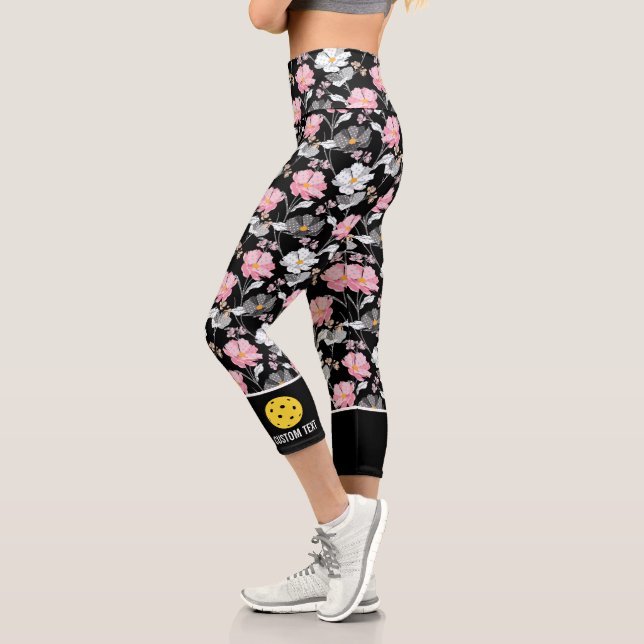 Pickleball Player Floral Pattern Add Custom Text Capri Leggings (Left)