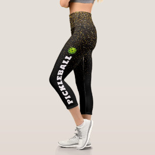 Pickleball Player Personalized Black Gold Glitter Capri Leggings