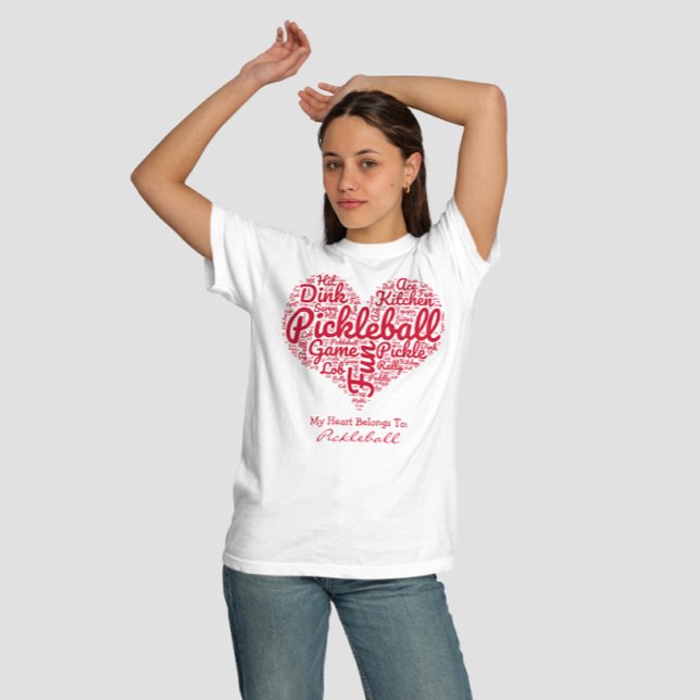 Pickleball Player Personalized Heart Word Cloud T-Shirt (Text lines are editable personalize with your own club  or name)