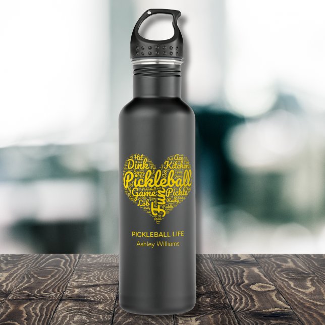 Pickleball Player Personalized Name Heart Design 532 Ml Water Bottle (Add Text and Name to personalize.  Matching items available)