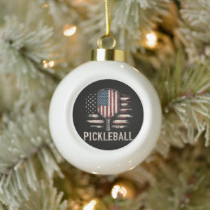 Pickleball Player US Flag Retro Paddleball Ceramic Ball Christmas Ornament