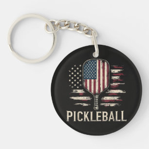 Pickleball Player US Flag Retro Paddleball Keychain