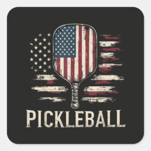 Pickleball Player US Flag Retro Paddleball Square Sticker