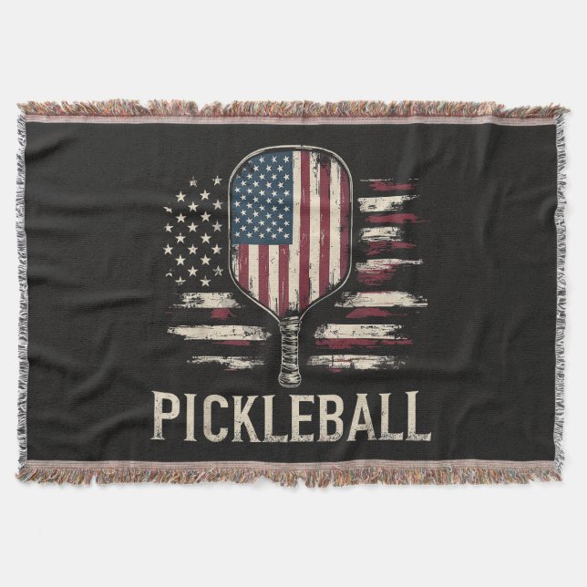 Pickleball Player US Flag Retro Paddleball Throw Blanket (Front)