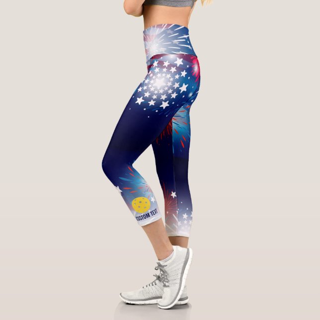 Pickleball Print Patriotic Fireworks Custom Text Capri Leggings (Left)