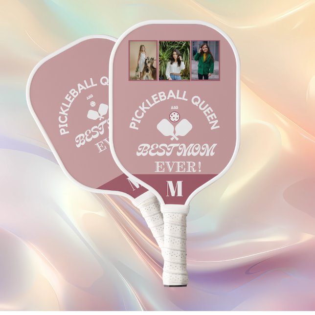 Pickleball Queen and Best Mom Ever 3 Photo Grid Pickleball Paddle (Creator Uploaded)
