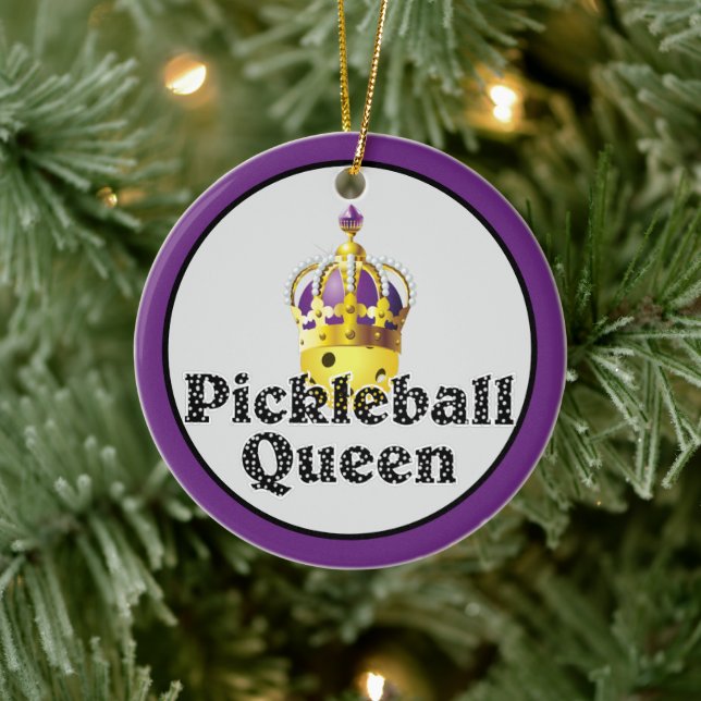 Pickleball Queen, Yellow Ball Purple, Gold Crown Ceramic Ornament (Tree)