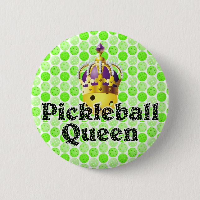 Pickleball Queen Yellow Ball Wearing Crown Purple  2 Inch Round Button (Front)