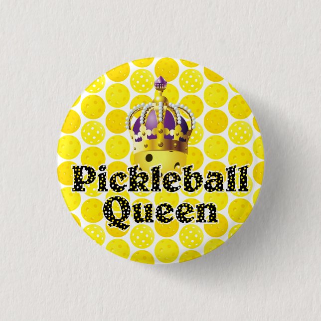 Pickleball Queen - Yellow Pickleball Wearing Crown 1 Inch Round Button (Front)