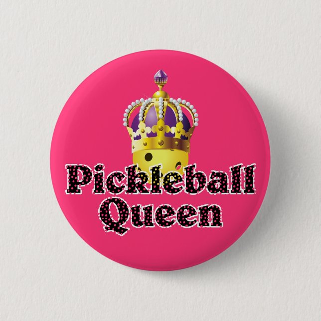 Pickleball Queen - Yellow Pickleball Wearing Crown 2 Inch Round Button (Front)