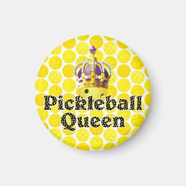 Pickleball Queen - Yellow Pickleball Wearing Crown Magnet (Front)