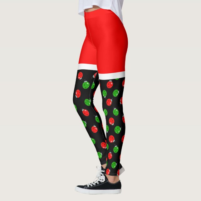 Pickleball Red Santa Shorts Red & Green Ornaments Leggings (Left)