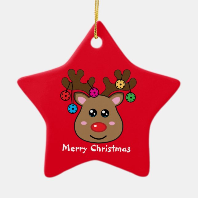 Pickleball  Reindeer 🎄 ⭐Star shaped Ceramic Ornament (Front)
