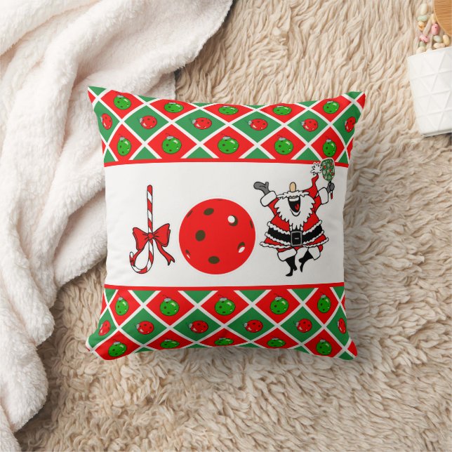 Pickleball Santa Christmas Joy Ornaments Red Green Throw Pillow (Blanket)