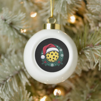 Pickleball Santa Hat Holly Christmas Holiday Xmas Ceramic Ball Christmas Ornament