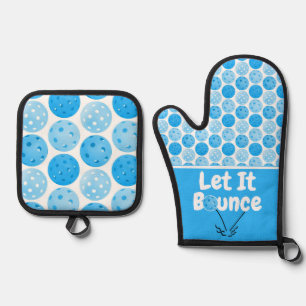 Pickleball Serve Let It Bounce Blue Personalized Oven Mitt & Pot Holder Set