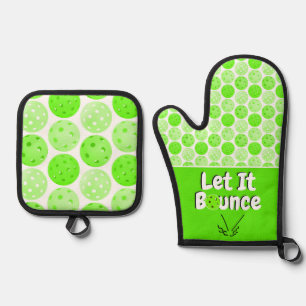 Pickleball Serve Let It Bounce Green Personalized Oven Mitt & Pot Holder Set