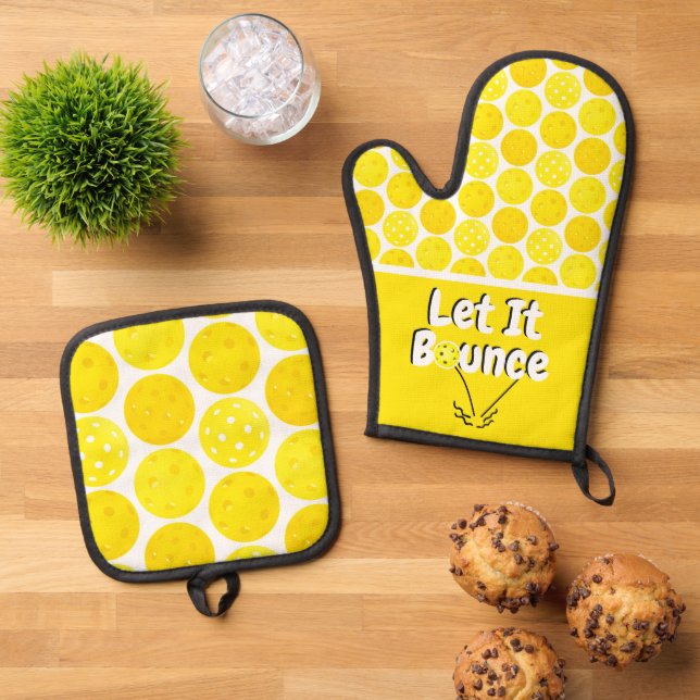 Pickleball Serve Let It Bounce Yellow Personalized Oven Mitt & Pot Holder Set (Top Down)