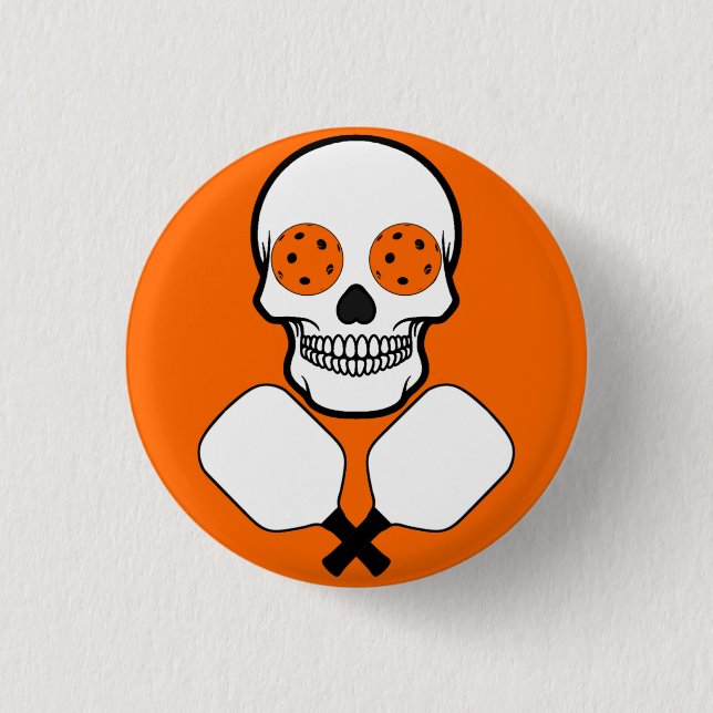 Pickleball Skull and Crossed Paddles, Orange Balls 1 Inch Round Button (Front)