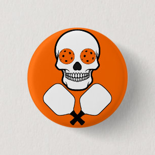 Pickleball Skull and Crossed Paddles, Orange Balls 1 Inch Round Button
