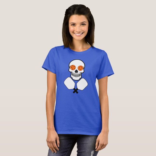 Pickleball Skull and Crossed Paddles, Orange Balls T-Shirt (Front Full)