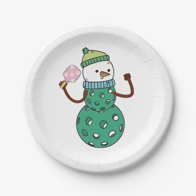 Pickleball Snowman Funny Christmas Xmas  Paper Plate (Front)