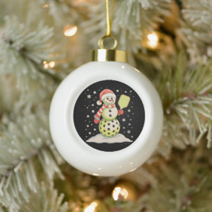 Pickleball Snowman Santa Hat Christmas Lights Xmas Ceramic Ball Christmas Ornament