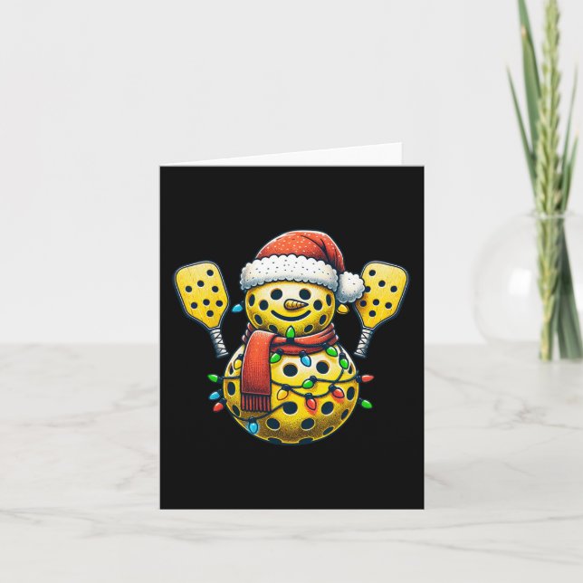 Pickleball Snowman Santa Hat Lights Christmas Pick Card (Front)