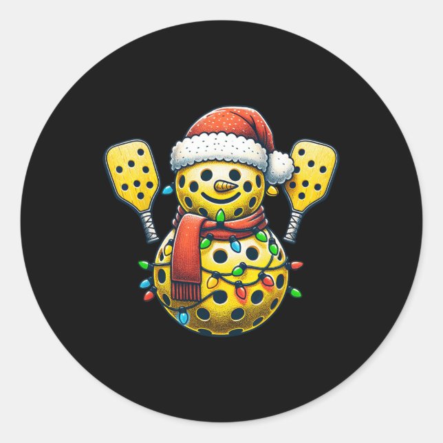 Pickleball Snowman Santa Hat Lights Christmas Pick Classic Round Sticker (Front)