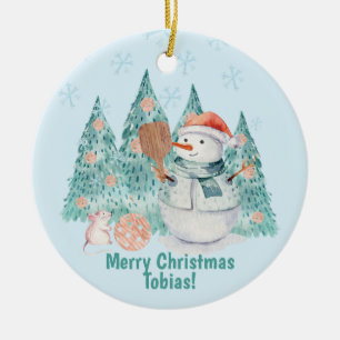 Pickleball Snowmen, minty Christmas Ceramic Ornament