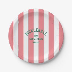 Pickleball Social Club Crest Pink Cabana Stripe Paper Plate