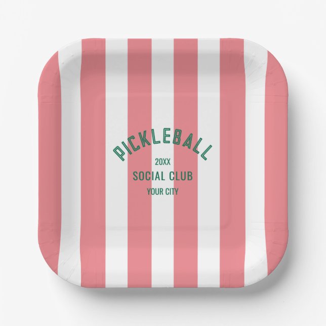 Pickleball Social Club Pink Cabana Stripe Party Paper Plate (Front)