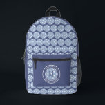 Pickleball Sports Funny Quote Name Initial Blue Printed Backpack<br><div class="desc">Cute unisex backpack design features two lines of customizable text for "Pickleball Champion" or a custom saying of choice and name or custom text in a timeless modern font arched over & under an image of a pickleball in light blue. The background on the front and sides coordinates colourful dark...</div>