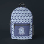 Pickleball Sports Funny Quote Name Initial Blue Printed Backpack<br><div class="desc">Cute unisex backpack design features two lines of customizable text for "Pickleball Champion" or a custom saying of choice and name or custom text in a timeless modern font arched over & under an image of a pickleball in light blue. The background on the front and sides coordinates colourful dark...</div>