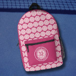 Pickleball Sports Funny Quote Name Initial Pink Printed Backpack<br><div class="desc">Cute girls backpack design features two lines of customizable text for "Pickleball Princess" or a custom saying of choice and name or custom text in a timeless modern font arched over & under an image of a pickleball in light pink. The background on the front and sides is coordinating colourful...</div>