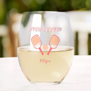 Pickleball Sports Pun Custom Name Peach Orange Stemless Wine Glass