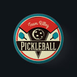 Pickleball Team Player Name 1 Inch Round Button<br><div class="desc">Show your team spirit and support the sport of pickleball with our pickleball player gift.  Vintage colours and vintage design. Features a pickleball and pickleball paddles. Perfect for any pickleball fan,  fun way to show your love of the sport.</div>