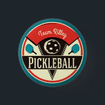Pickleball Team Player Name 1 Inch Round Button<br><div class="desc">Show your team spirit and support the sport of pickleball with our pickleball player gift.  Vintage colours and vintage design. Features a pickleball and pickleball paddles. Perfect for any pickleball fan,  fun way to show your love of the sport.</div>