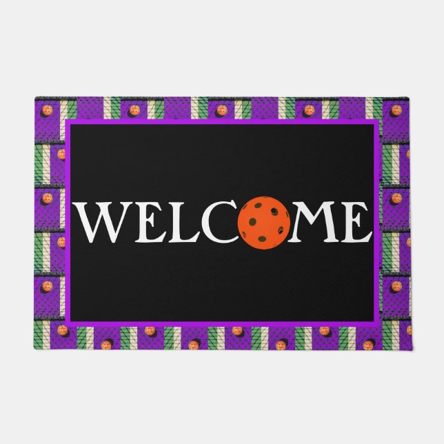 Pickleball 'Til the Streetlights Come On! Purple Doormat (Front)