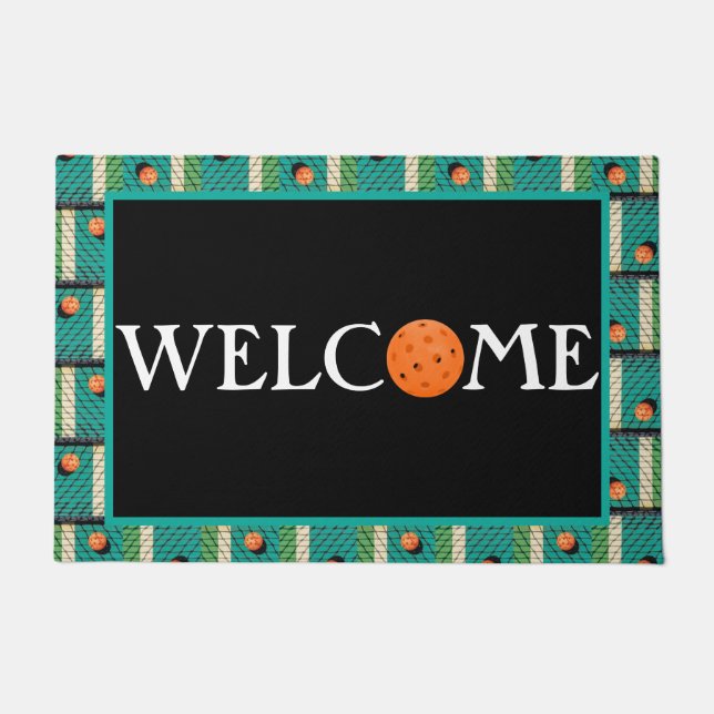 Pickleball 'Til the Streetlights Come On! Teal Doormat (Front)