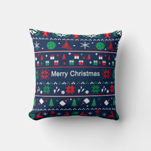 😄 Pickleball🎄 Ugly Christmas Sweater style blue Throw Pillow