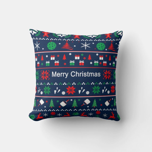 😄 Pickleball🎄 Ugly Christmas Sweater style blue Throw Pillow (Front)