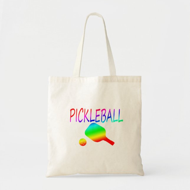 pickleball w paddle and ball rainbow. tote bag (Front)