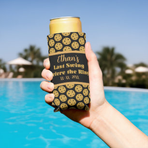 Pickleball Wedding Black and Gold Personalized Seltzer Can Cooler