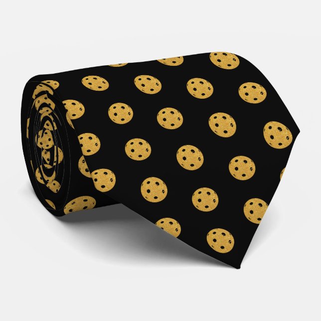 Pickleball Wedding Black and Gold Pickleballs  Tie (Rolled)
