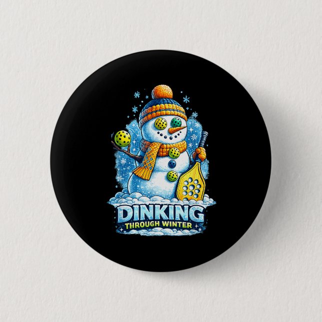 Pickleball winter snowman dinking through winter 2 inch round button (Front)